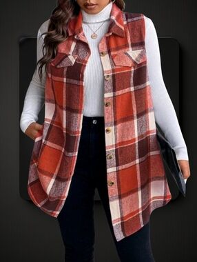 Plaid Button Front 3Qtr Vest ▪︎ Rust ▪︎ Curvy ▪︎ Sz 1X